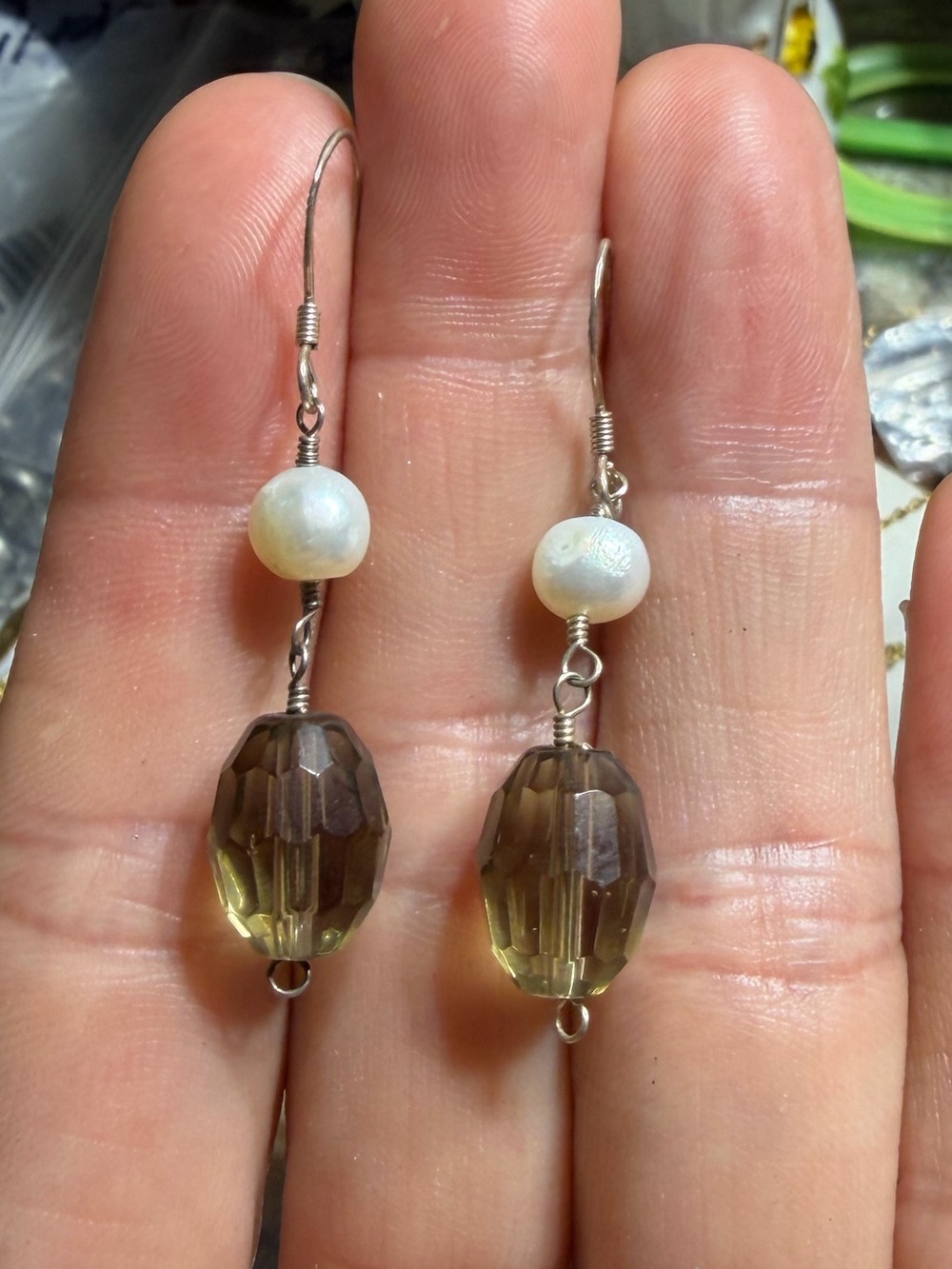 Vintage 925 Sterling Silver Pearl Smoky Crystal Earrings